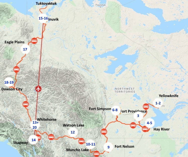 Het hoge Noorden van Canada (22 dagen) – Canada - start: Yellowknife eind: Whitehorse taal: Engels