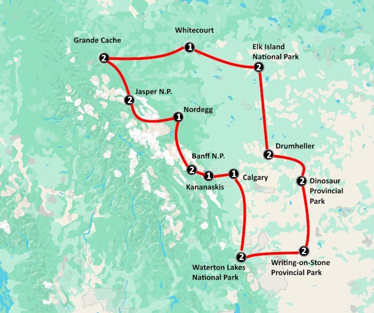 Mountains, Badlands & Dinosaurs (22 dagen) – Canada - start: Calgary eind: Calgary aantal km: ± 3250