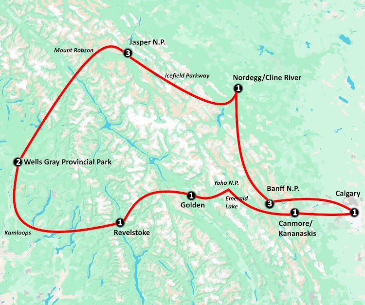 Canadian Rocky Mountains (15 dagen) – Canada - start: Calgary eind: Calgary aantal km: ± 1700